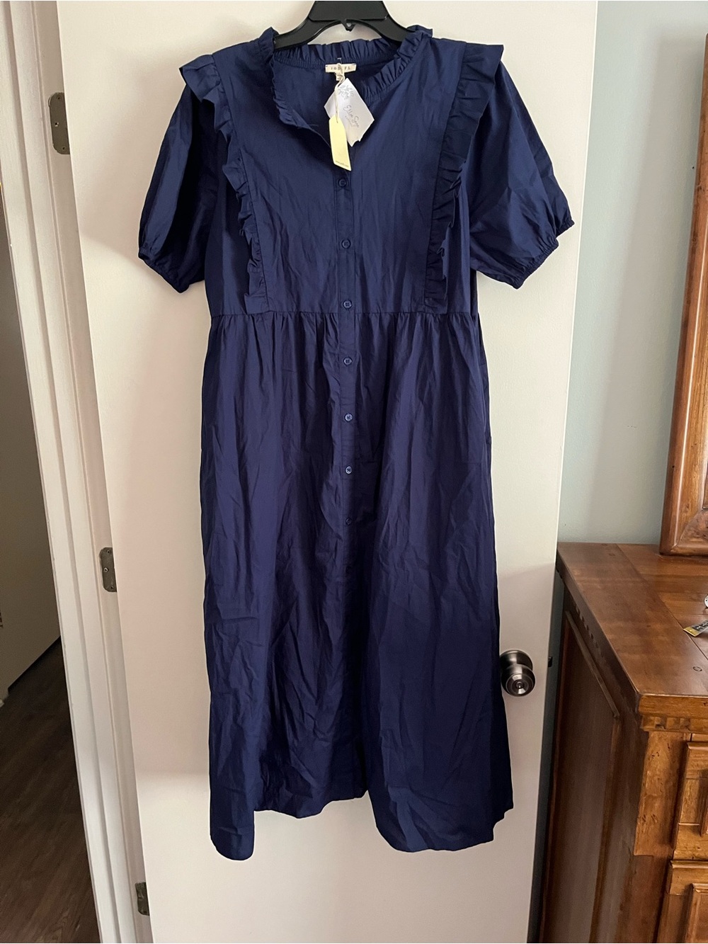 JODIFL Navy Button-Front Ruffle Top - Picture 1 of 6